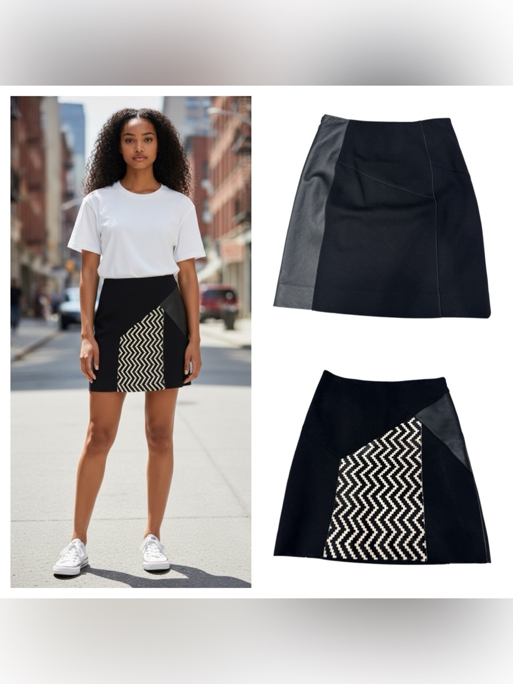 Per Se wool and leather pencil Chevron Panel A-Line Skirt size US 2